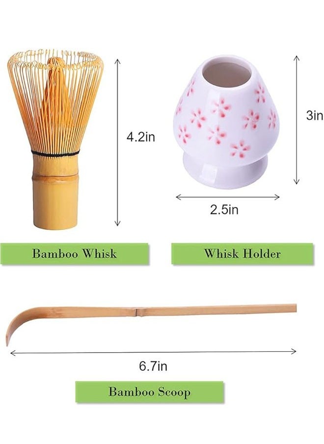 BOUND MOAT - 3-Piece Matcha Tea Whisk Set Traditional Handmade Matcha Tea Tool Matcha Stirrer Kit Bamboo Spoon with Hook Matcha Brush Placeer Set White and Pink Plum Blossom - Image 1