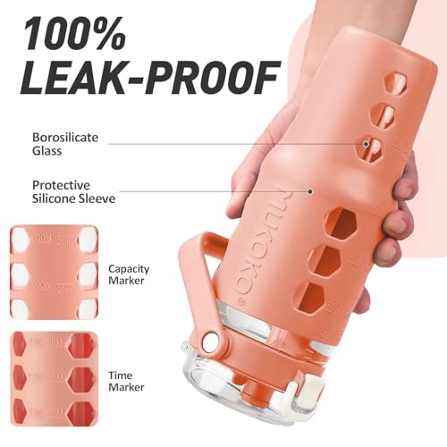 MUKOKO 32 oz Glass Tumbler with Straw,Glass Water Bottles with Time Marker,Iced Coffee Cup with Silicone Sleeve,Motivational Drinking Bottles,Leakproof-Coral Pink - Image 4