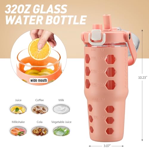 MUKOKO 32 oz Glass Tumbler with Straw,Glass Water Bottles with Time Marker,Iced Coffee Cup with Silicone Sleeve,Motivational Drinking Bottles,Leakproof-Coral Pink - Image 3