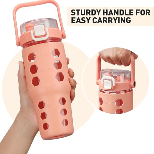MUKOKO 32 oz Glass Tumbler with Straw,Glass Water Bottles with Time Marker,Iced Coffee Cup with Silicone Sleeve,Motivational Drinking Bottles,Leakproof-Coral Pink - Image 5