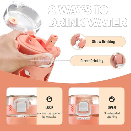 MUKOKO 32 oz Glass Tumbler with Straw,Glass Water Bottles with Time Marker,Iced Coffee Cup with Silicone Sleeve,Motivational Drinking Bottles,Leakproof-Coral Pink - Image 2