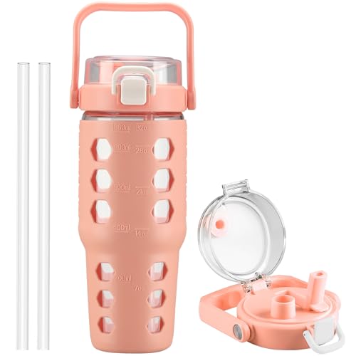 MUKOKO 32 oz Glass Tumbler with Straw,Glass Water Bottles with Time Marker,Iced Coffee Cup with Silicone Sleeve,Motivational Drinking Bottles,Leakproof-Coral Pink - Image 1