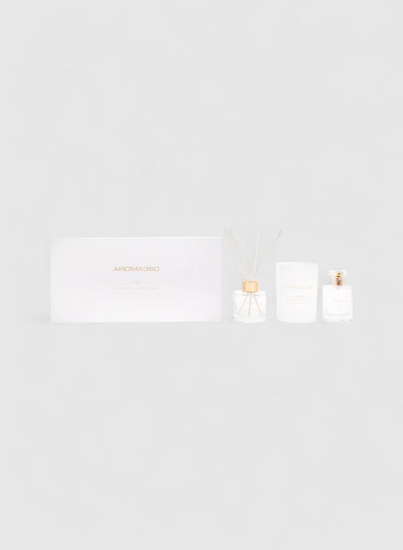 AROMA360 Dream On - Paris Collection - 3 Piece Set - Scented Candle, Reed Diffuser & Room Spray - Bright White Tea, Sweet Vanilla, & Earthy Cedar