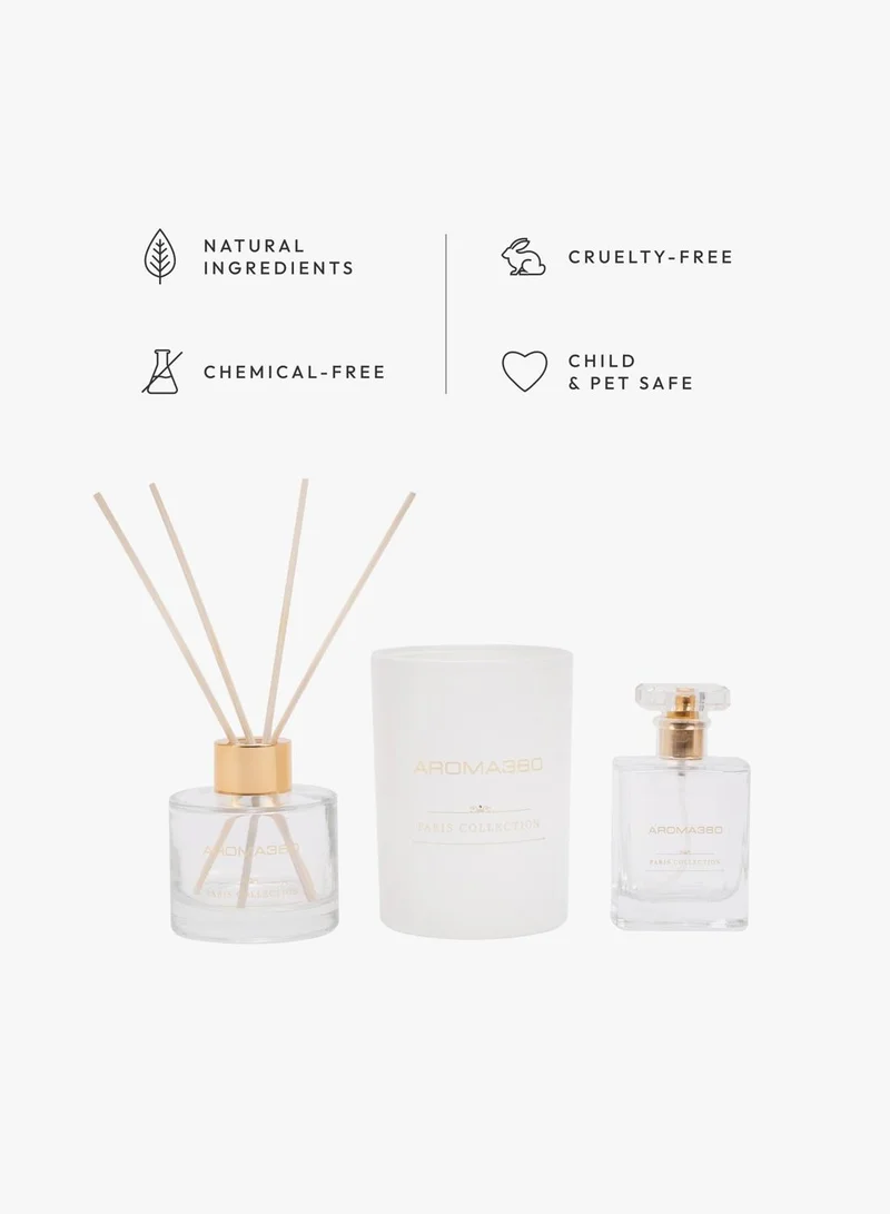 AROMA360 Dream On - Paris Collection - 3 Piece Set - Scented Candle, Reed Diffuser & Room Spray - Bright White Tea, Sweet Vanilla, & Earthy Cedar