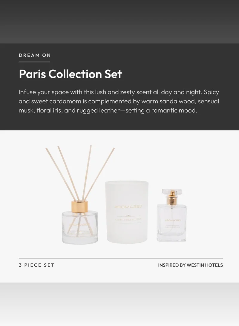 Aroma360  Dream On - Paris Collection - 3 Piece Set - Scented Candle, Reed Diffuser & Room Spray - Bright White Tea, Sweet Vanilla, & Earthy Cedar  | Best Price UAE