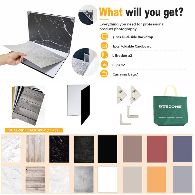 BYSTONE Product Photography Backdrops Kit, 8 Pcs 16 Patterns Photo Backdrop Board, 16.5 x 11.7 in Tabletop Background for Food Jewelry Cosmetics, Small Product Photoshoot Props - Image 2