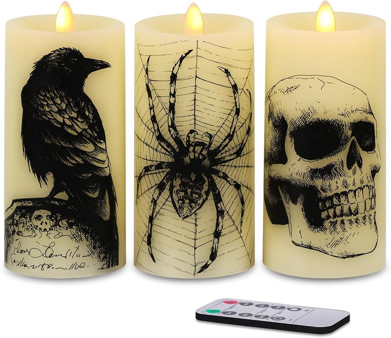 Eldnacele Halloween Flickering Candles with Skull, Spider Web, Crow, Raven Decals, Set of 3 Flat Wick Battery Operated Halloween Themed LED Candles with Remote Timer Spooky Decor - Image 1