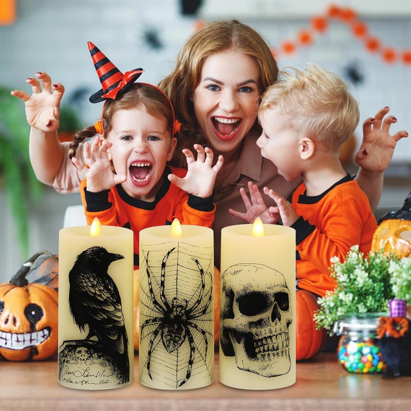 Eldnacele Halloween Flickering Candles with Skull, Spider Web, Crow, Raven Decals, Set of 3 Flat Wick Battery Operated Halloween Themed LED Candles with Remote Timer Spooky Decor - Image 3