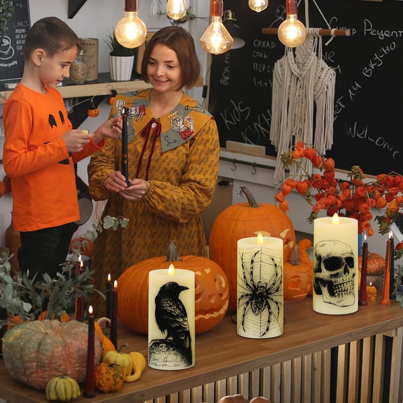 Eldnacele Halloween Flickering Candles with Skull, Spider Web, Crow, Raven Decals, Set of 3 Flat Wick Battery Operated Halloween Themed LED Candles with Remote Timer Spooky Decor - Image 5