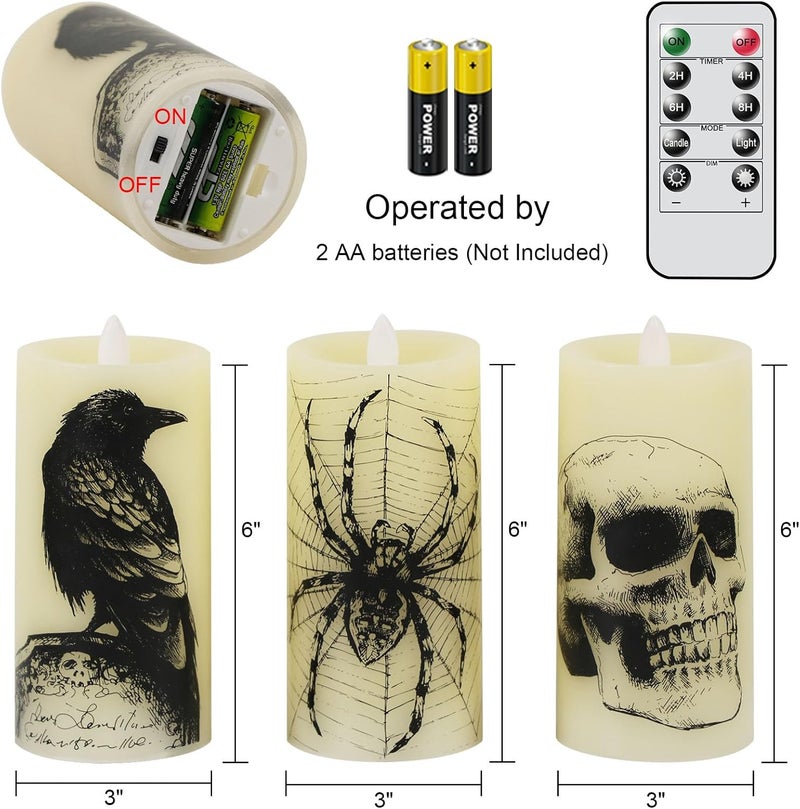 Eldnacele Halloween Flickering Candles with Skull, Spider Web, Crow, Raven Decals, Set of 3 Flat Wick Battery Operated Halloween Themed LED Candles with Remote Timer Spooky Decor - Image 2
