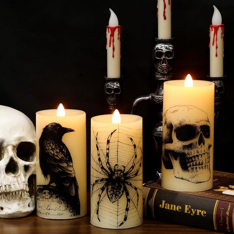 Eldnacele Halloween Flickering Candles with Skull, Spider Web, Crow, Raven Decals, Set of 3 Flat Wick Battery Operated Halloween Themed LED Candles with Remote Timer Spooky Decor - Image 4
