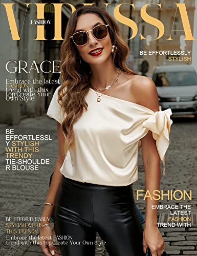 VIDUSSA Women's Off Shoulder Silk Tops Casual Short Sleeve Asymmetrical Neck Satin Blouse Shirts Champagne XL - Image 2