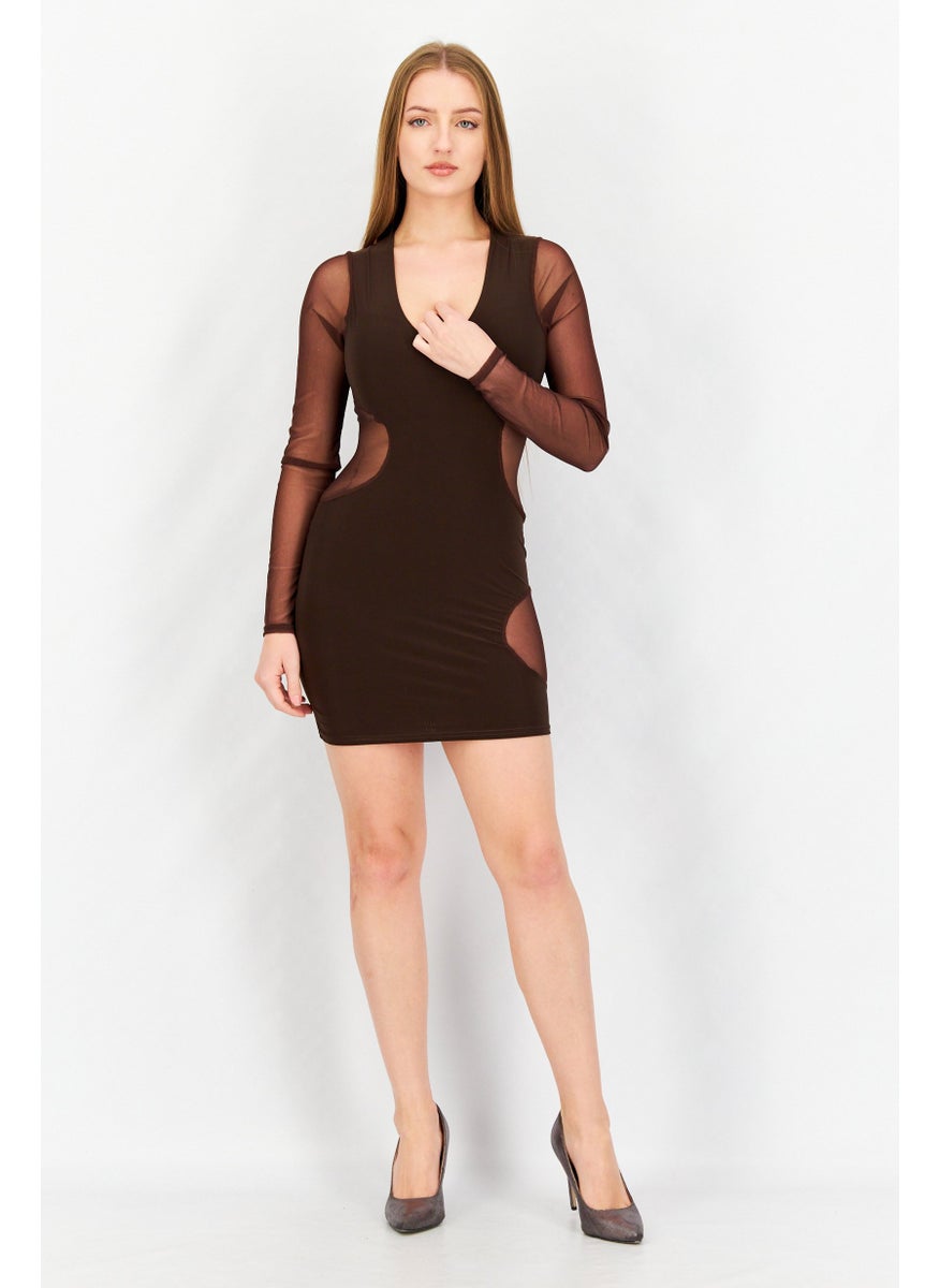 Women Mesh Detail Casual Mini Dress, Brown - pzsku/Z424061FC10E8875A11BCZ/45/_/1727187972/75f045d3-6288-4d1b-8fb2-5a52b3617020