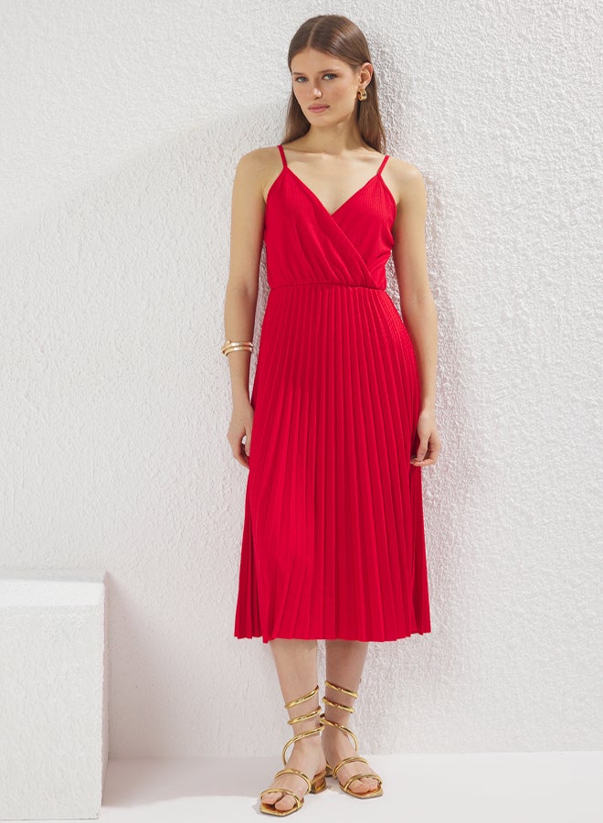 trendyol Red Waist Opening Midi Double Breasted Pleated Adjustable Strapped Knit Dress - Image 1