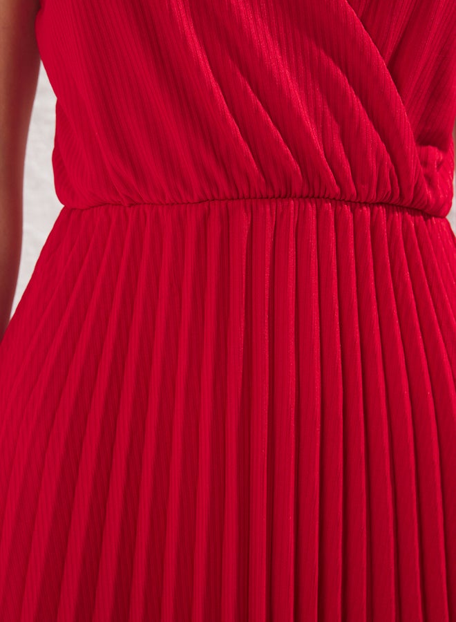 trendyol Red Waist Opening Midi Double Breasted Pleated Adjustable Strapped Knit Dress - Image 3