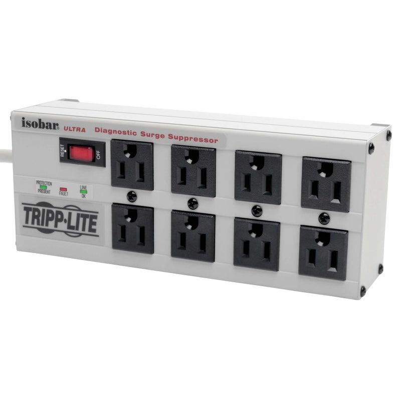 Tripp Lite Isobar 8 Outlet Surge Protector Power Strip, 25ft Long Cord, Right-Angle Plug, Metal, & $50,000 INSURANCE (ISOBAR825ULTRA) Gray - Image 1