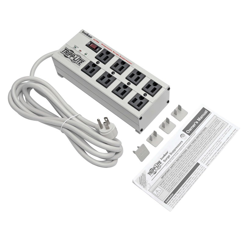 Tripp Lite Isobar 8 Outlet Surge Protector Power Strip, 25ft Long Cord, Right-Angle Plug, Metal, & $50,000 INSURANCE (ISOBAR825ULTRA) Gray - Image 4
