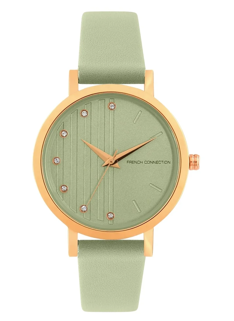 فرنش كونكشن 25mm Quartz Women's Watch With Green Dial & Leather Strap