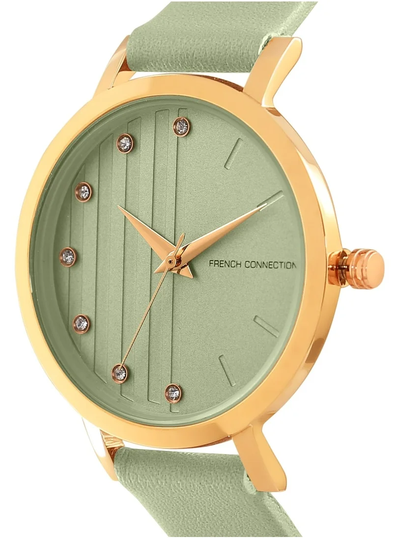 فرنش كونكشن 25mm Quartz Women's Watch With Green Dial & Leather Strap