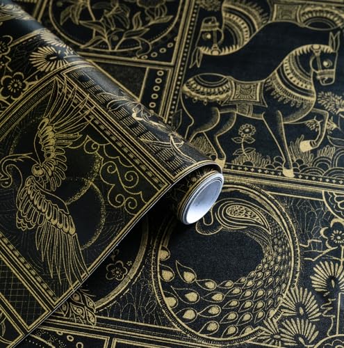 Erfoni 394"x17.7" Vintage Peel and Stick Wallpaper Black and Gold Contact Paper Peel and Stick Removable Animal Pattern Wall Paper DIY Waterproof Self Adhesive Wallpaper for Accent Wall Covering - Image 1