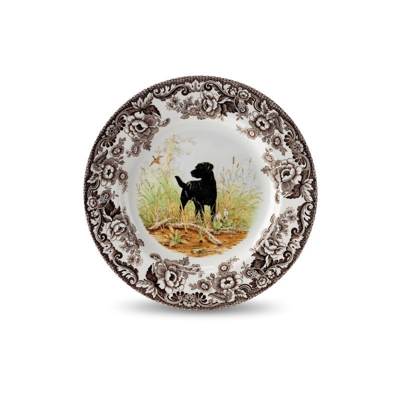 Spode Woodland Hunting Dogs, 8" Salad Plate - Black Labrador Retriever Design, Fine Earthenware, Dishwasher, Microwave & Warm Oven Safe to 225Â°F - Seasonal Tableware Made in England - Image 1