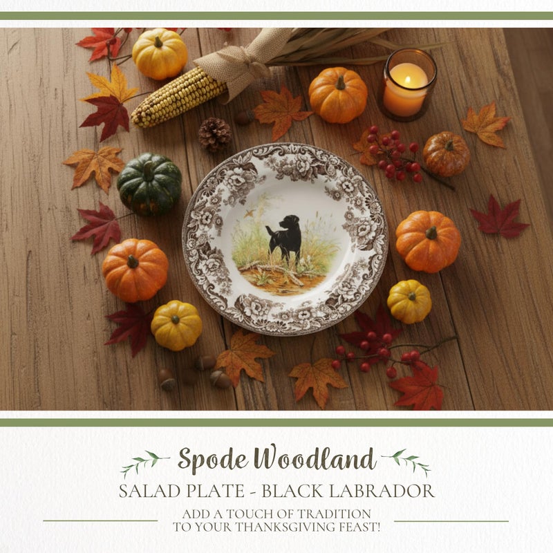 Spode Woodland Hunting Dogs, 8" Salad Plate - Black Labrador Retriever Design, Fine Earthenware, Dishwasher, Microwave & Warm Oven Safe to 225Â°F - Seasonal Tableware Made in England - Image 2