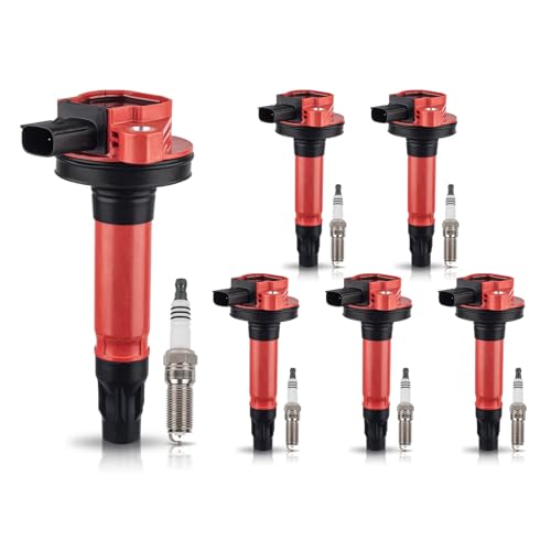 ENA Set of 6 Red Ignition Coil Pack 6 Platinum Spark Plug 35L 37L V6 Compatible with Lincoln Ford Mustang Edge Explorer F150 Flex Taurus Transit MKS MKT MKX MKZ Replace for UF553 DG520 SP589 SP520 - Image 1