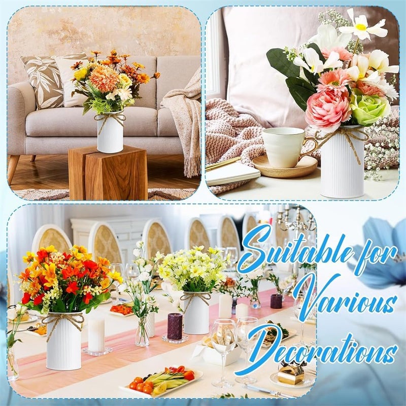 مزهرية ريفية ذات طراز منزل مزرعة، مزهريات زهور من قطعة حديد عتيقة مزينة بحبل للزهور الصناعية، زخارف مركزية للطاولة، حفلات الزفاف، ديكور المنزل (أبيض)، 4 قطع - Image 5