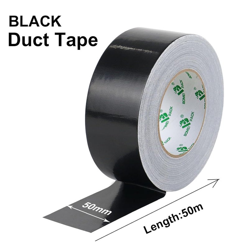 BOMEI PACK 1 Rolls Black Duct Tape Reinforced Heavy Duty Black Gaffer Tape 50mm x 50m Ducts Fixing Craft DIY Book repair Carpet seaming Box Sealing Carton Packing - Image 2