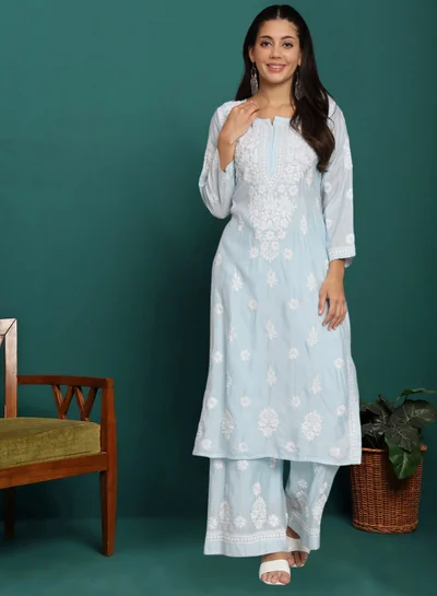 Alaya Hand Embroidered Chikan Chanderi Straight Kurta Palazzos-AL3671KS