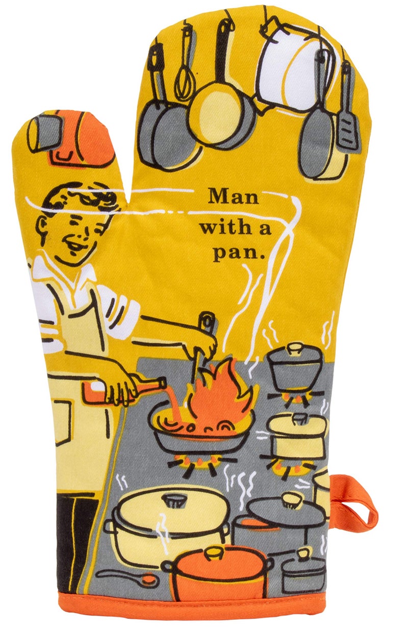 Blue Q Oven Mitt  Man with a Pan. Super-Insulated Quilting  Natural-Fitting Shape  100% Cotton