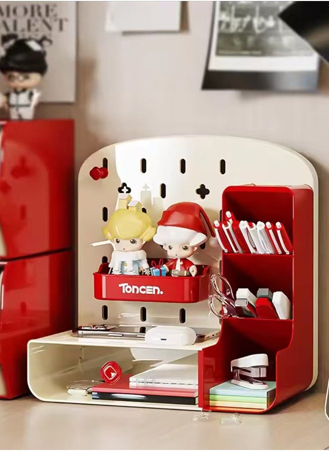 JCB CHIC صندوق تخزين سطح المكتب، رف فرز متنوع متعدد الوظائف، لوح مثقوب، نمط الدرج، حامل أقلام من اللوح الأكريليكي منظم أدوات مكتبية مكتبية متنوعة (TC-1001- أحمر)  - Image 1