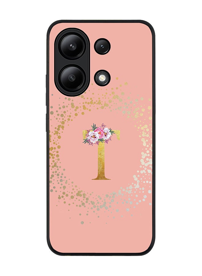 Stylizedd Rugged Black edge case for Xiaomi Redmi Note 13 4G, Slim fit Cover Custom Monogram Initial Letter Floral Pattern Alphabet - T  (Rose Pink ) - Image 1