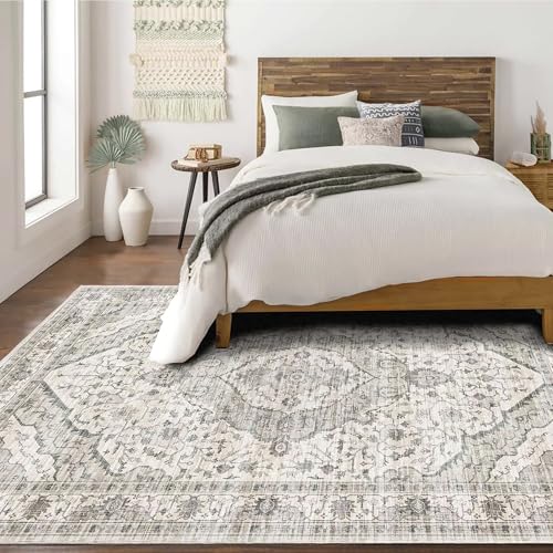 Deerly 5x8 Area Rugs for Bedroom - Washable Rug 5x8 Rugs Vintage Large Carpet Non-Slip Boho Rug for Living Room Dining Room Nursery Area Rugs Print Floor Rug Cream - Image 1