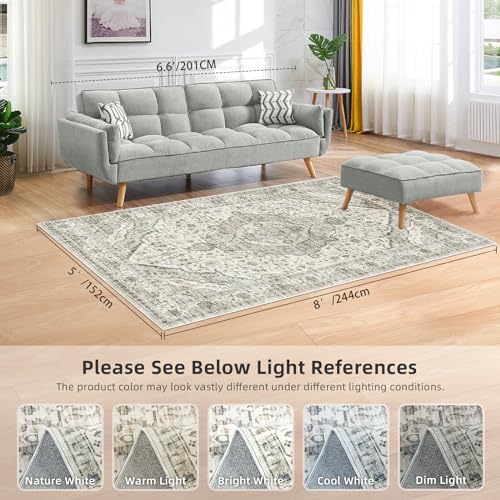 Deerly 5x8 Area Rugs for Bedroom - Washable Rug 5x8 Rugs Vintage Large Carpet Non-Slip Boho Rug for Living Room Dining Room Nursery Area Rugs Print Floor Rug Cream - Image 3