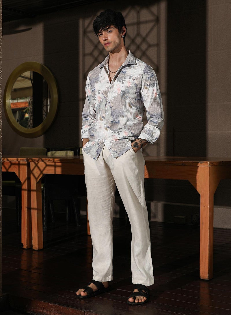 Campus Sutra Campus Sutra Men's Moon Grey & Chalk White Artistic-Blur Shirt For Casual Wear | Spread Collar | Long Sleeve | Button Closure | Shirt Crafted With Comfort Fit For Everyday Wear - Image 5