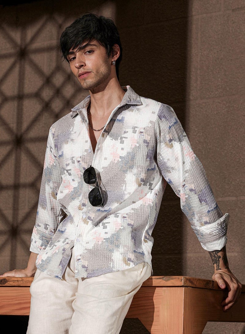 Campus Sutra Campus Sutra Men's Moon Grey & Chalk White Artistic-Blur Shirt For Casual Wear | Spread Collar | Long Sleeve | Button Closure | Shirt Crafted With Comfort Fit For Everyday Wear - Image 1