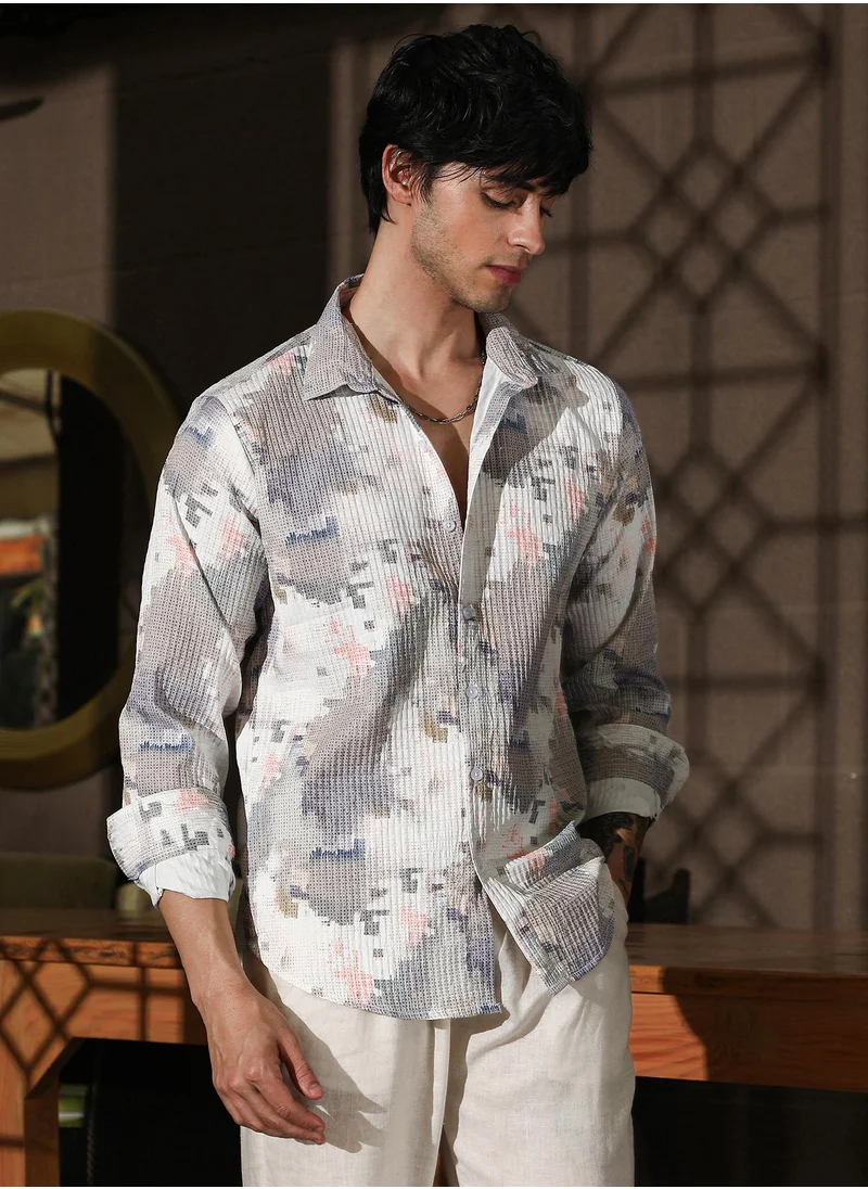 كامبوس سوترا Campus Sutra Men's Moon Grey & Chalk White Artistic-Blur Shirt For Casual Wear | Spread Collar | Long Sleeve | Button Closure | Shirt Crafted With Comfort Fit For Everyday Wear