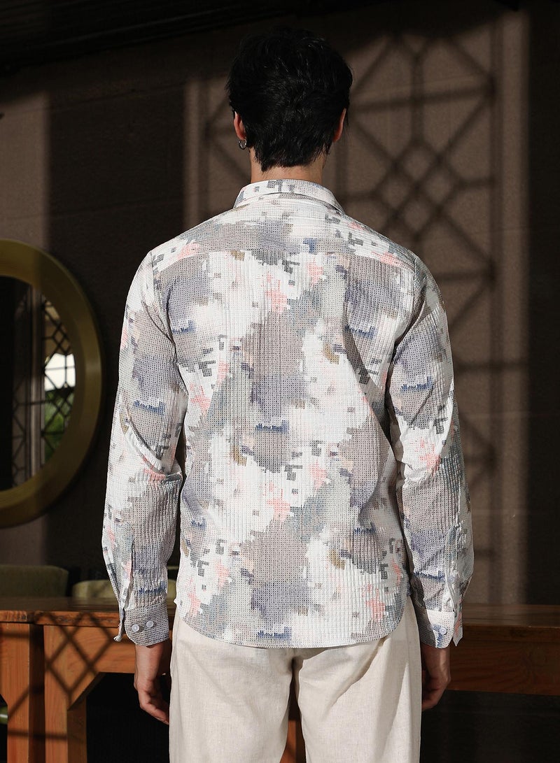 Campus Sutra Campus Sutra Men's Moon Grey & Chalk White Artistic-Blur Shirt For Casual Wear | Spread Collar | Long Sleeve | Button Closure | Shirt Crafted With Comfort Fit For Everyday Wear - Image 3