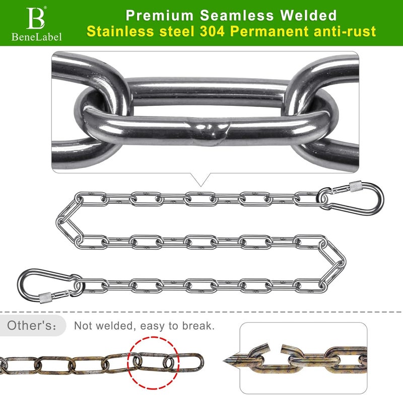 BeneLabel 2Pcs 40" (3.3 ft) Stainless Steel Hanging Chains with 4 Carabiners 1000 LB Capacity Swing Chain Extension Hammock Chains with Hooks Hardware Chain for Hanging Chair, Porch Swing, Egg Chair, Heavy Bag - Image 3