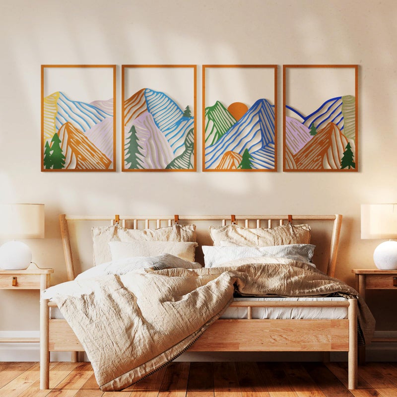 Glamativity 4 Pcs Colorful And Black Double-Sided Abstract Mountain Metal Wall Art , Mountain Line Art DÃ©cor, 3D Textured Minimalist Wall Decor, Rustic Nature Wall DÃ©cor for Living Room Bedroom Study (Mountain, M Size 17 x 12'') - Image 3