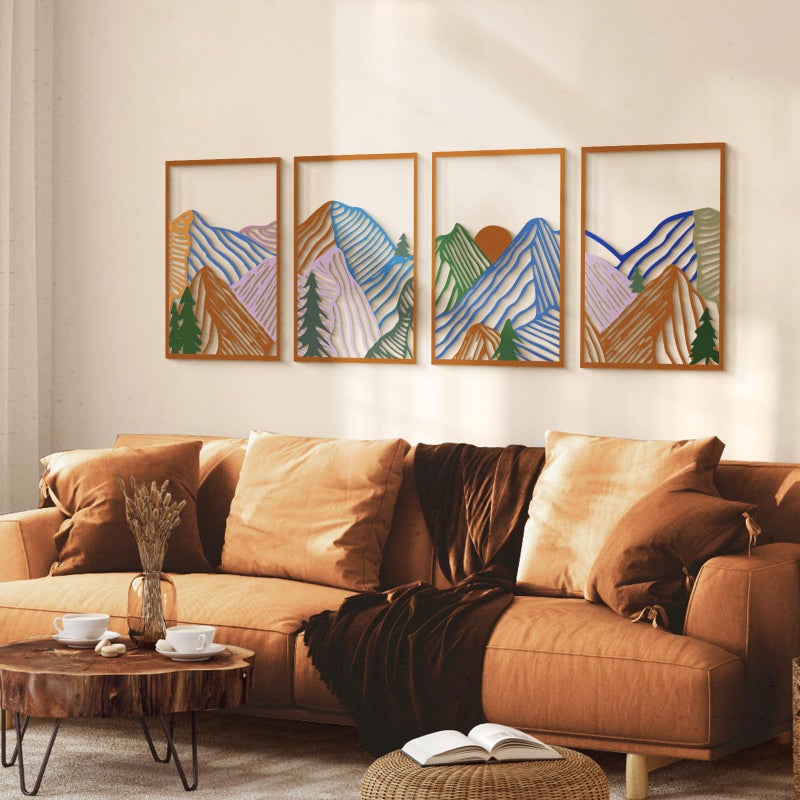 Glamativity 4 Pcs Colorful And Black Double-Sided Abstract Mountain Metal Wall Art , Mountain Line Art DÃ©cor, 3D Textured Minimalist Wall Decor, Rustic Nature Wall DÃ©cor for Living Room Bedroom Study (Mountain, M Size 17 x 12'') - Image 1