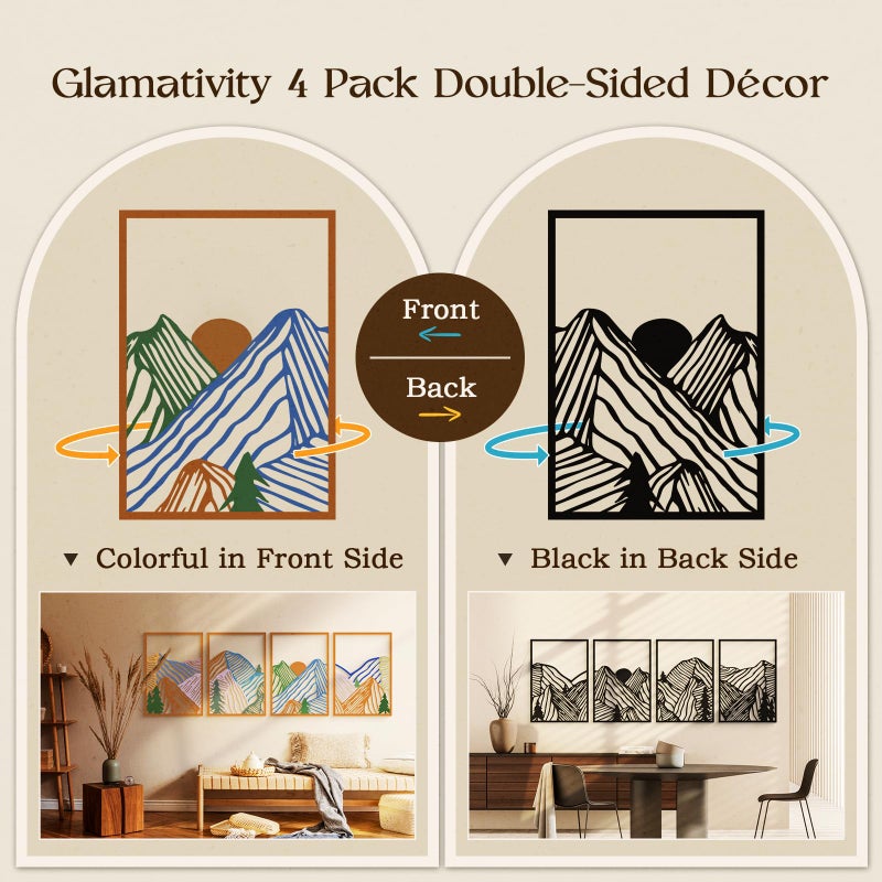 Glamativity 4 Pcs Colorful And Black Double-Sided Abstract Mountain Metal Wall Art , Mountain Line Art DÃ©cor, 3D Textured Minimalist Wall Decor, Rustic Nature Wall DÃ©cor for Living Room Bedroom Study (Mountain, M Size 17 x 12'') - Image 2