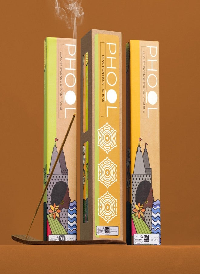 PHOOL LUXURY INCENSE بخور فاخر من فول، عبوة من عودين من البخور الطبيعي، عبوة مخصصة للعبادة (80 عود بخور عضوي - تولسي وياسمين | عبوة خاصة بمناسبة نافراتري وجودي بادوا | حامل خشبي مجاني، عضوي 100% (500 غرام)) - Image 1