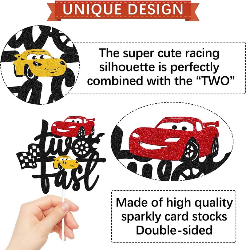 Confetti Let's Race to Sweet Victory with the Two Fast Cake Topper, for Your Racing Car Checkered Flag Themed Celebration Kids Boy Girl 2 Years Old Happy 2s Birthday Party Supplies - Image 2