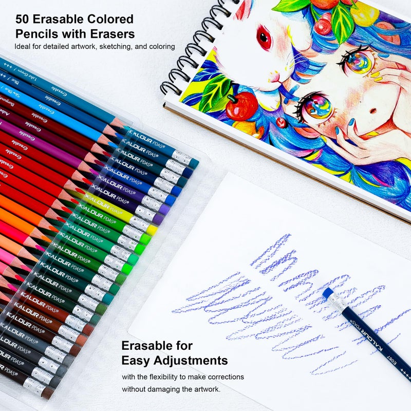 KALOUR 50 Colors Erasable Colored Pencils Set - Easy to Erase, Vibrant and Smooth Coloring Pencils with Erasers - Ideal for Drawing, Sketching, and Coloring Books -Perfect for Adults Beginners Artists - Image 2