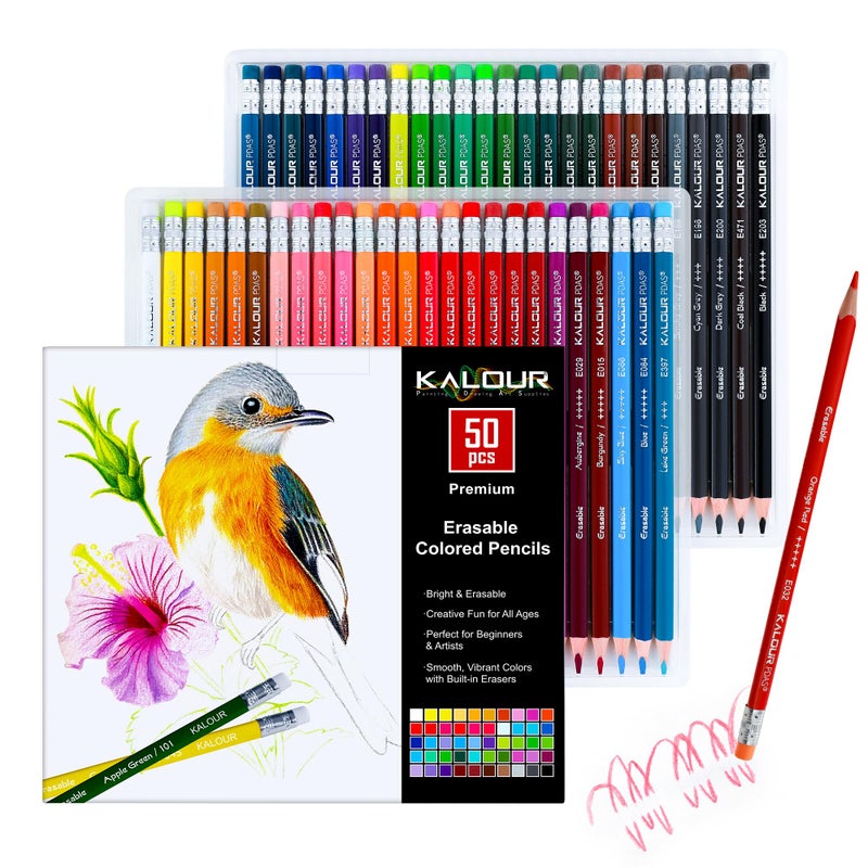 KALOUR 50 Colors Erasable Colored Pencils Set - Easy to Erase, Vibrant and Smooth Coloring Pencils with Erasers - Ideal for Drawing, Sketching, and Coloring Books -Perfect for Adults Beginners Artists - Image 1