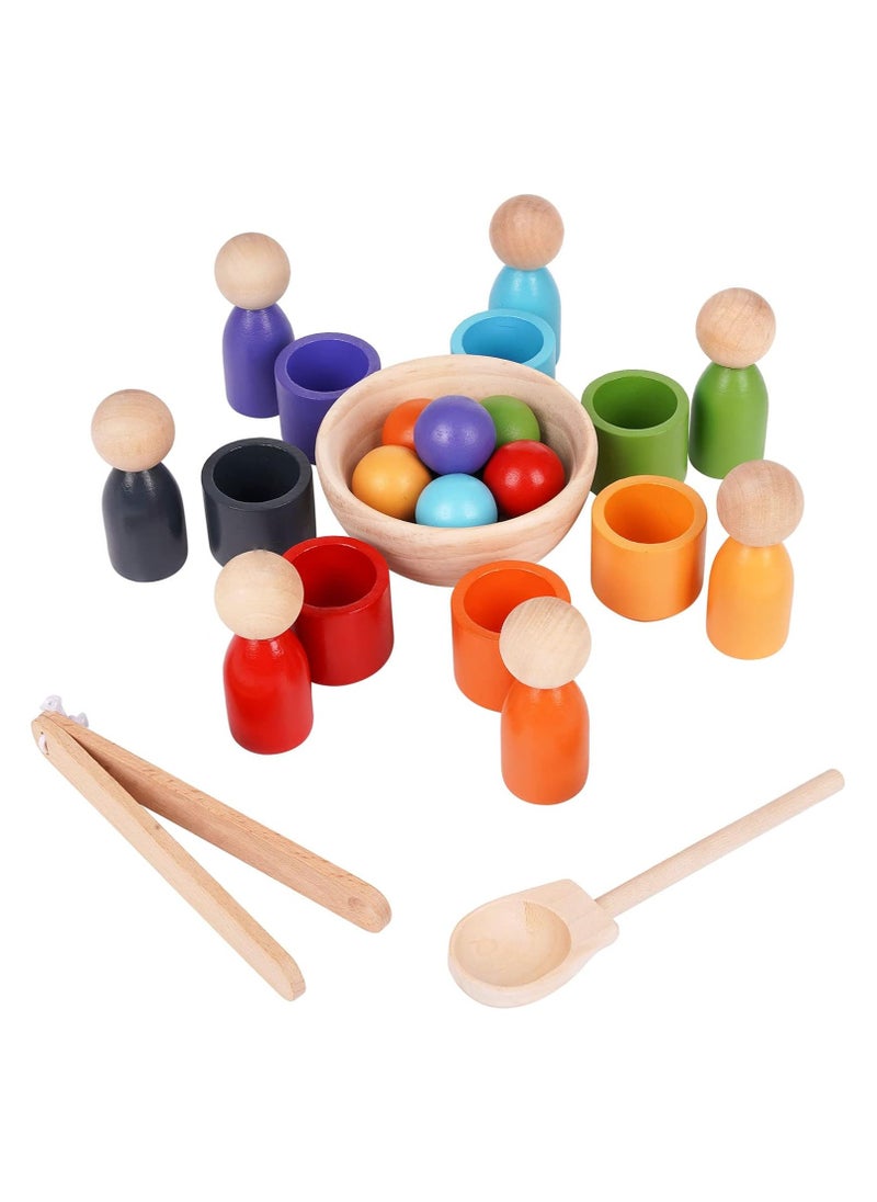 NOAEOU Balls in Cups Montessori Toy Wooden Sorter Game Wooden Peg Dolls in Cups Colorful Balls Peg Dolls and Dishes Color Sorting Preschool Learning Education Fine Motor Skill Toys for Toddlers  - Image 1
