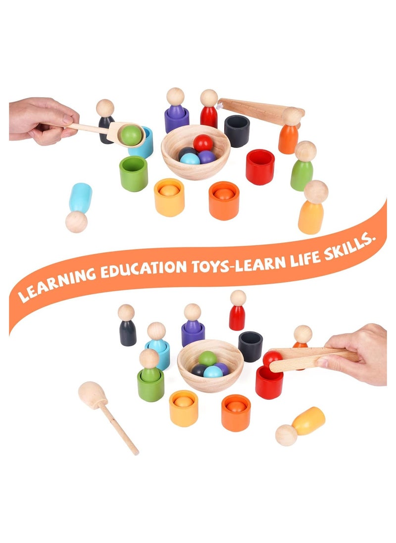 NOAEOU Balls in Cups Montessori Toy Wooden Sorter Game Wooden Peg Dolls in Cups Colorful Balls Peg Dolls and Dishes Color Sorting Preschool Learning Education Fine Motor Skill Toys for Toddlers  - Image 3