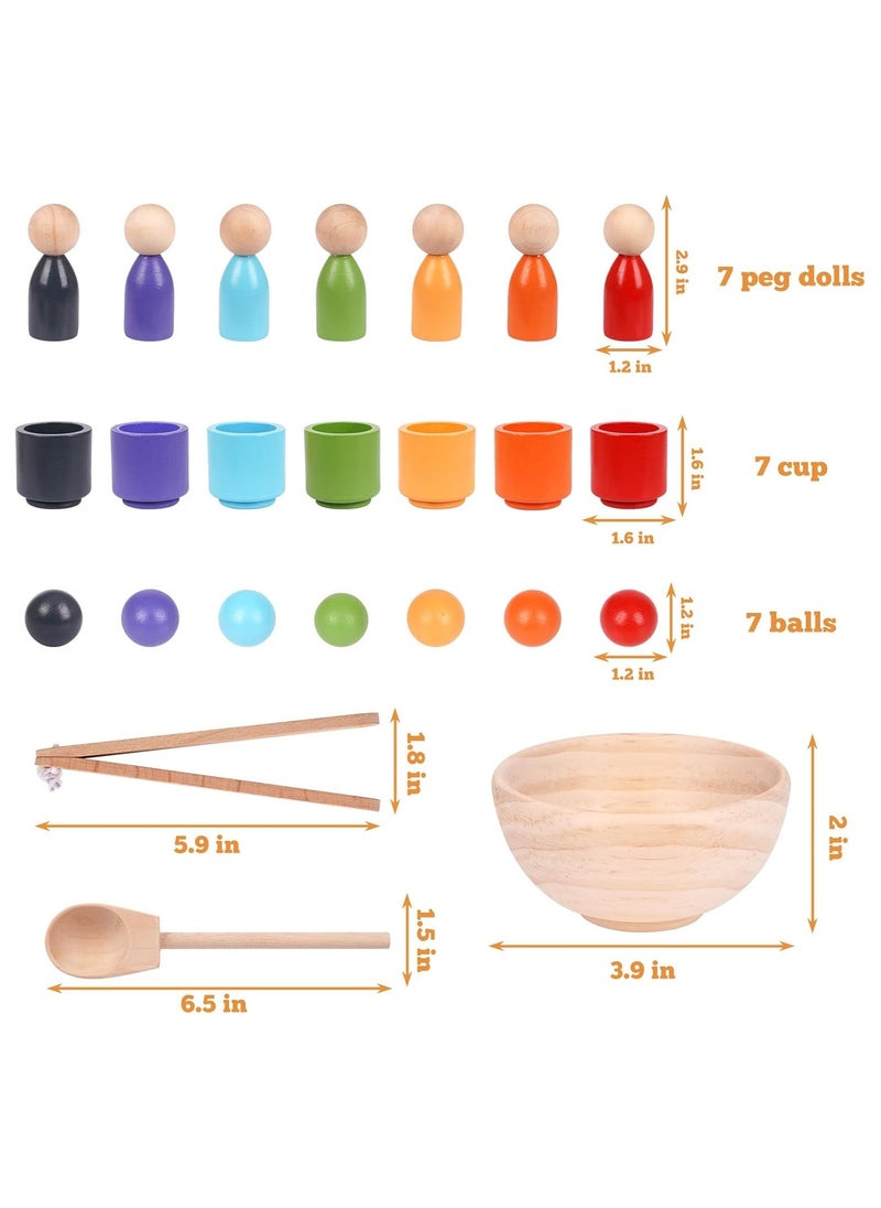 NOAEOU Balls in Cups Montessori Toy Wooden Sorter Game Wooden Peg Dolls in Cups Colorful Balls Peg Dolls and Dishes Color Sorting Preschool Learning Education Fine Motor Skill Toys for Toddlers  - Image 4